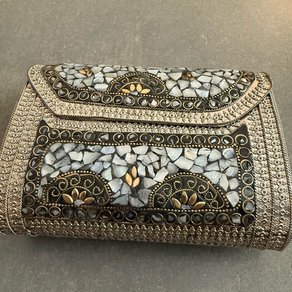 Trend Overseas Handbags - Silver clutch with mother of pearl mosaic design and gold flower design